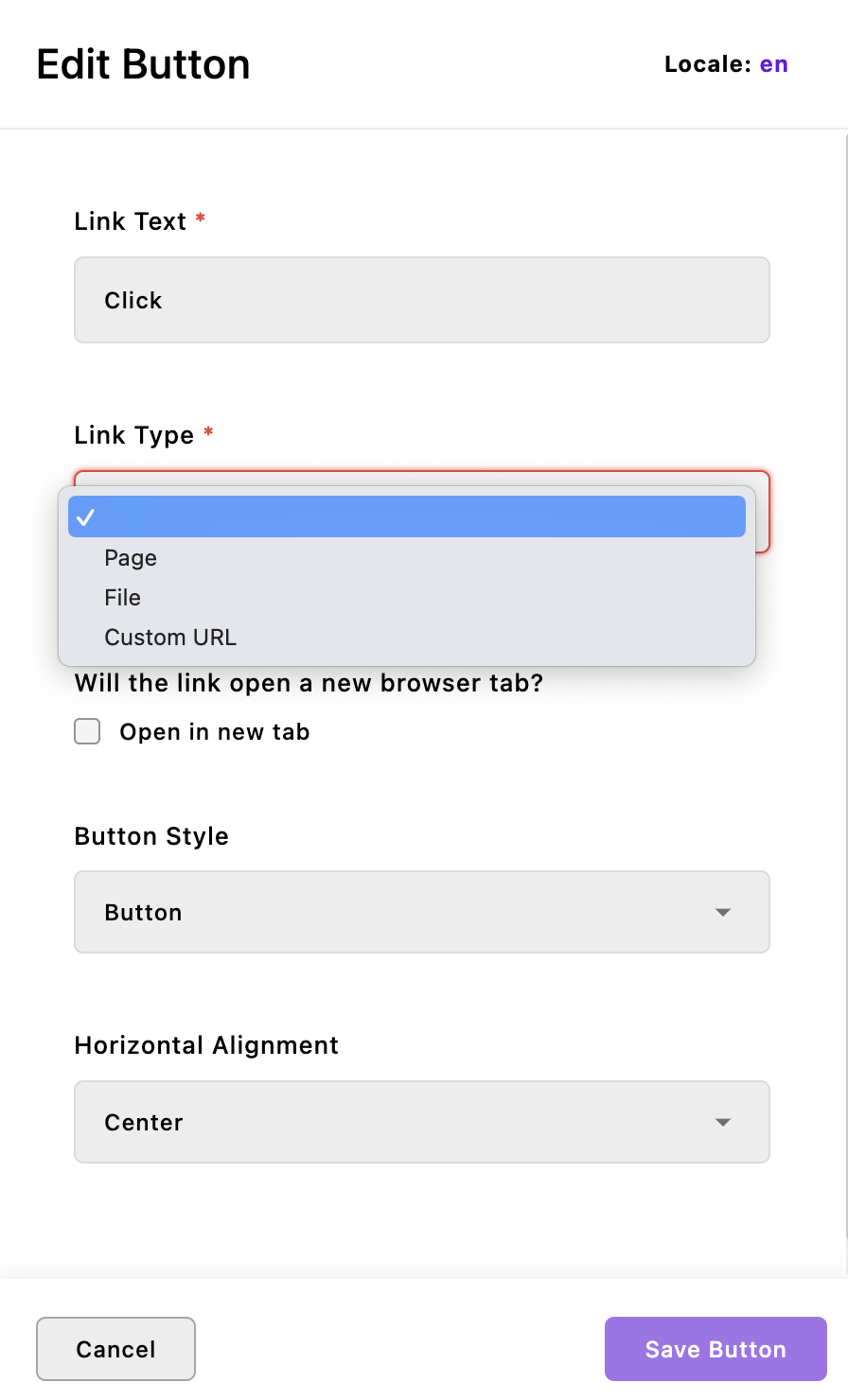 Screenshot of the editor for the basics button widget