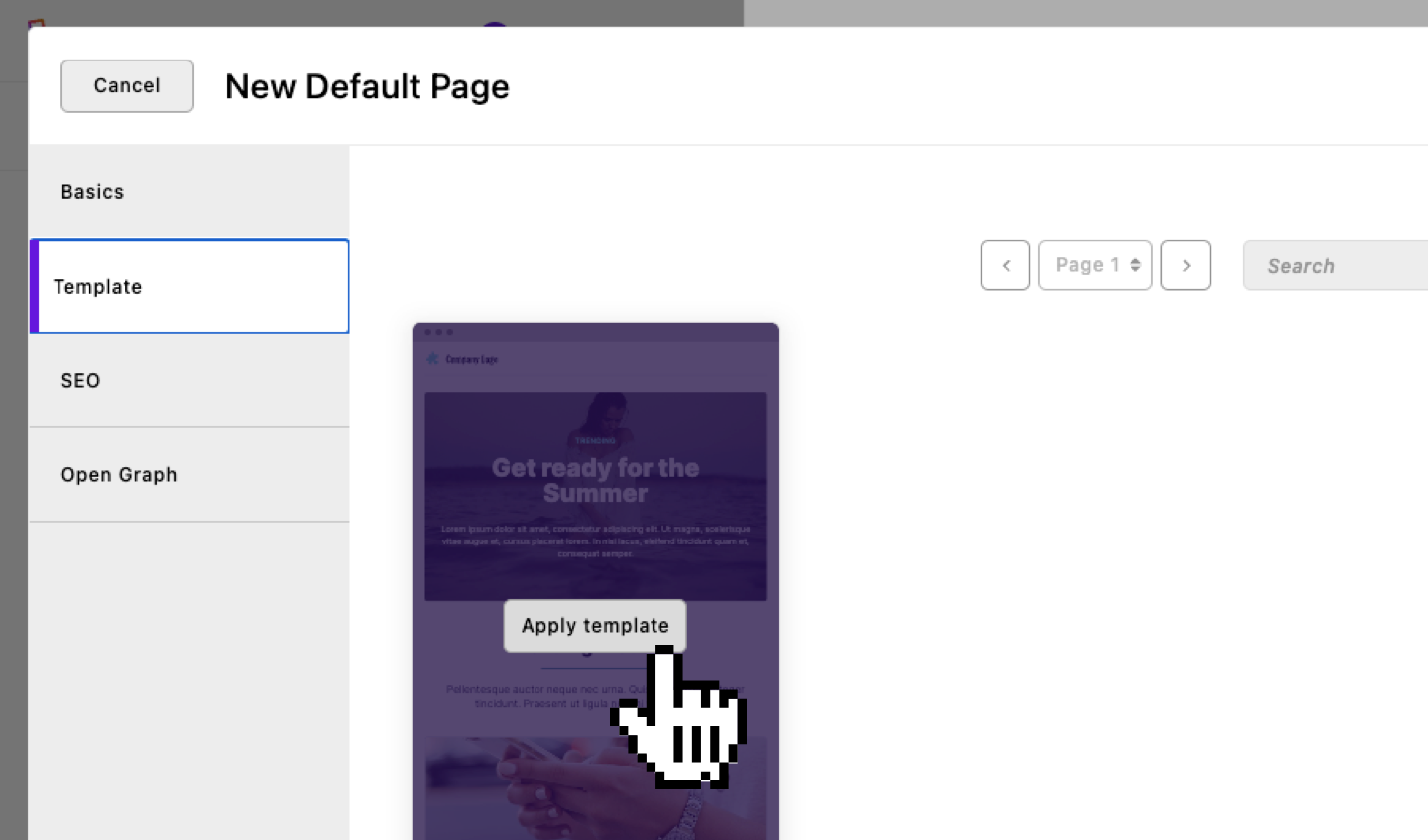 Screenshot of the new page modal Template tab with a template hovered