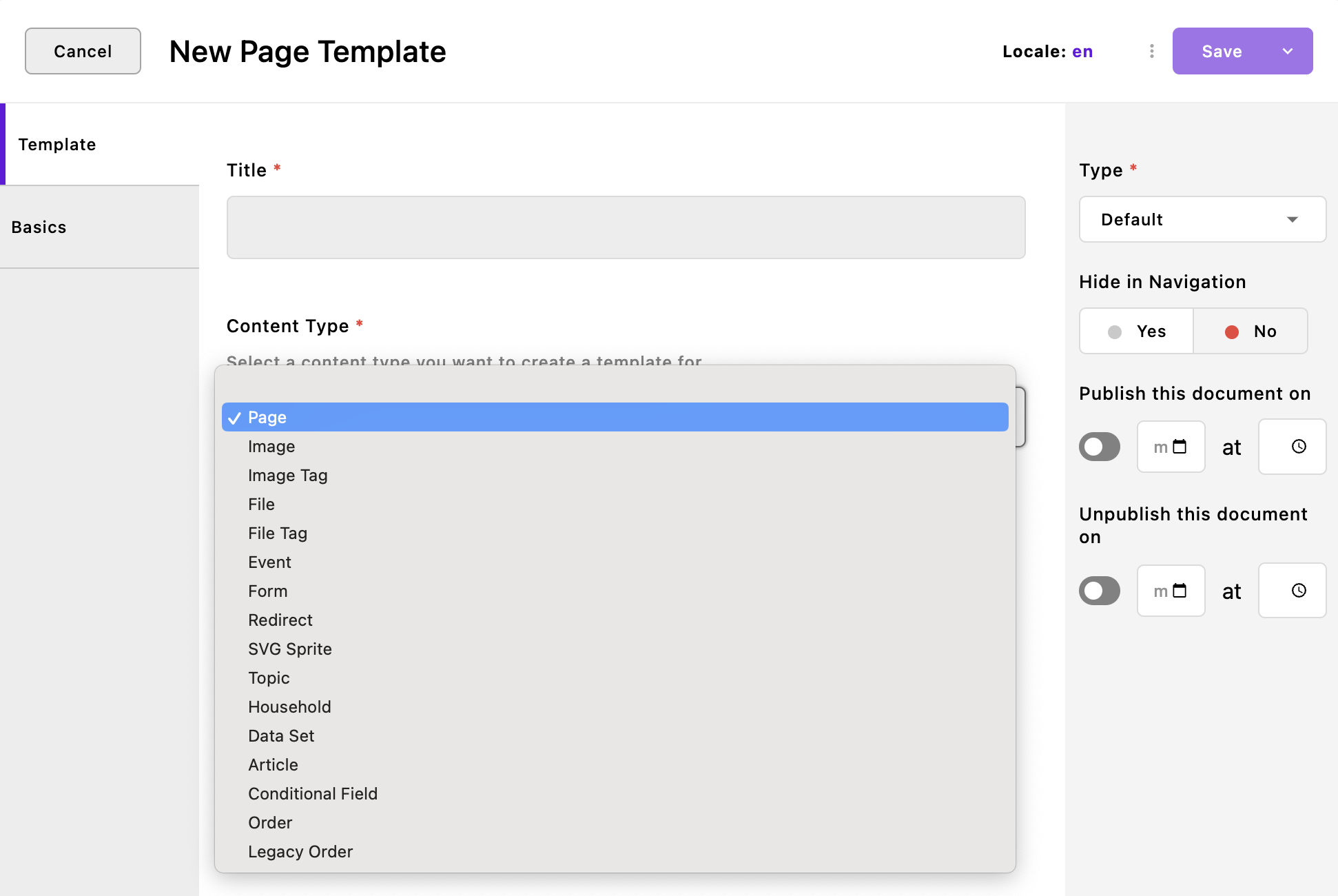 Screenshot of the create new template modal with page selected from the type dropdown