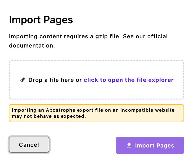 Screenshot of the file upload modal for importing files