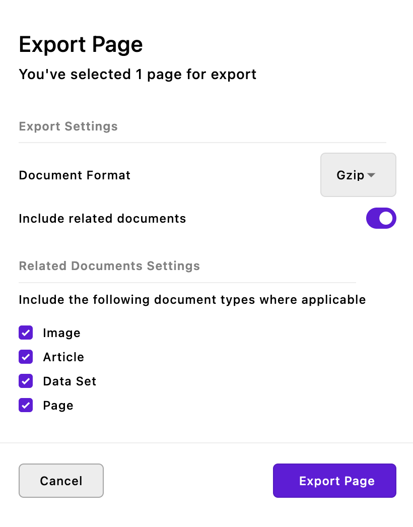 Screenshot of the page export modal