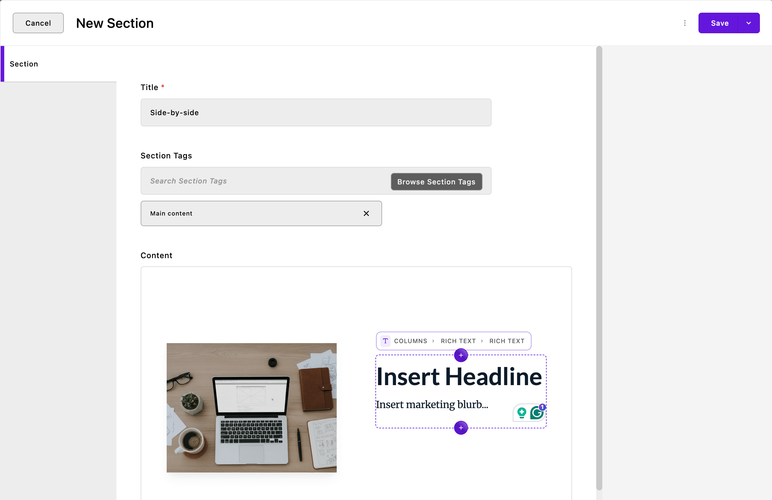 Screenshot of the "Create Section" modal