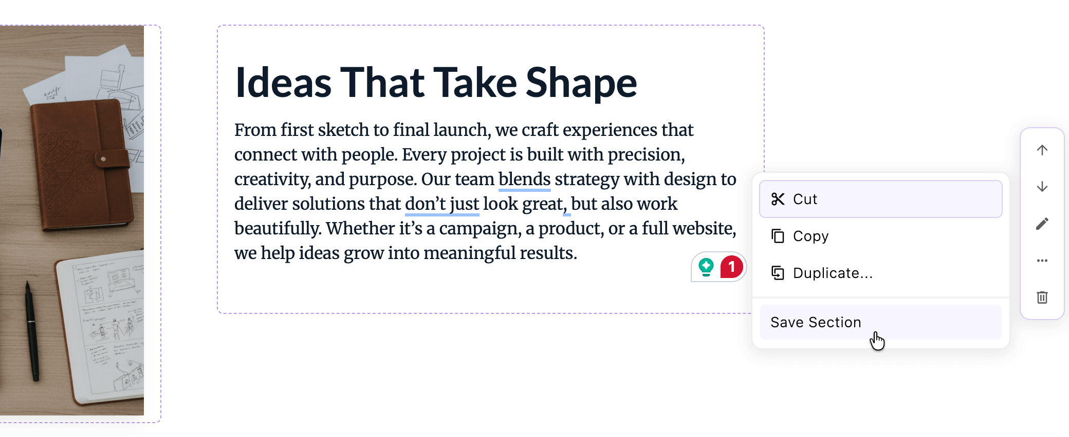 Screenshot of the "Create Section" option for an existing widget