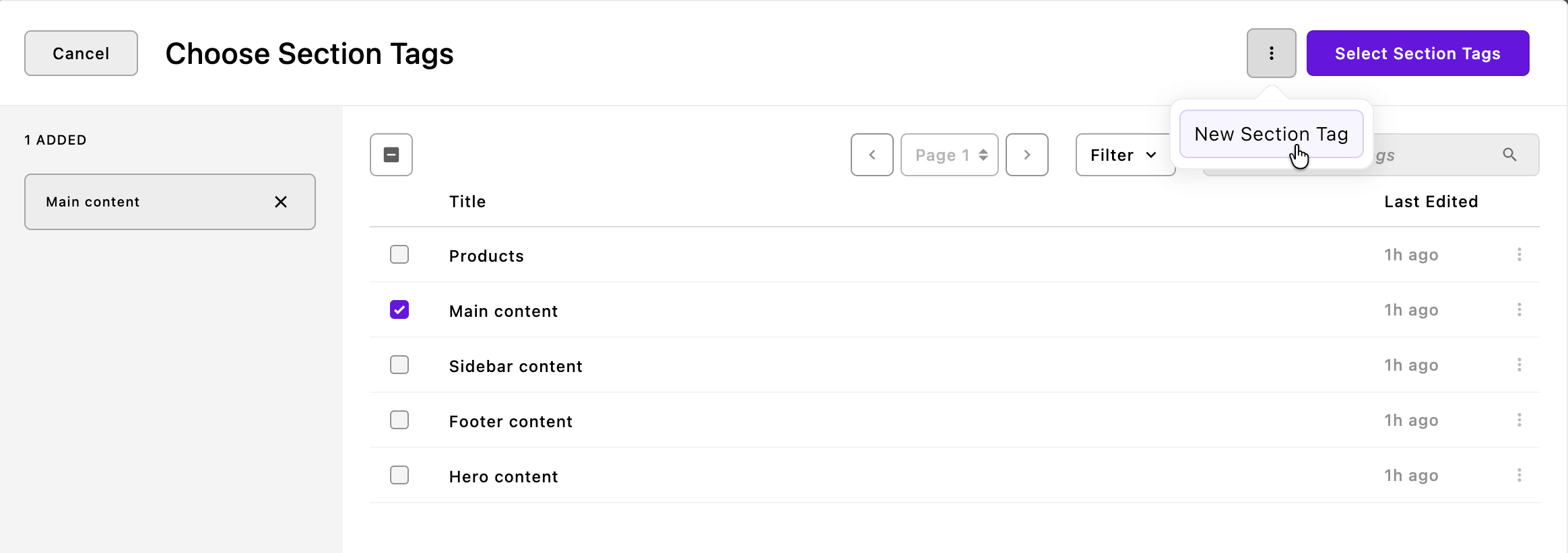 Screenshot of the "Section Tag Manager" modal